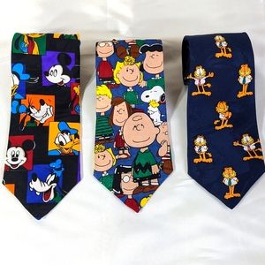 Lot 3 Men's Ties Cartoon Disney, Charlie Brown, & Garfield